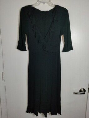 Diane Von Furstenberg (Size 10) Classic Black V-Neck Ruffle-Trim Midi Wrap Dress